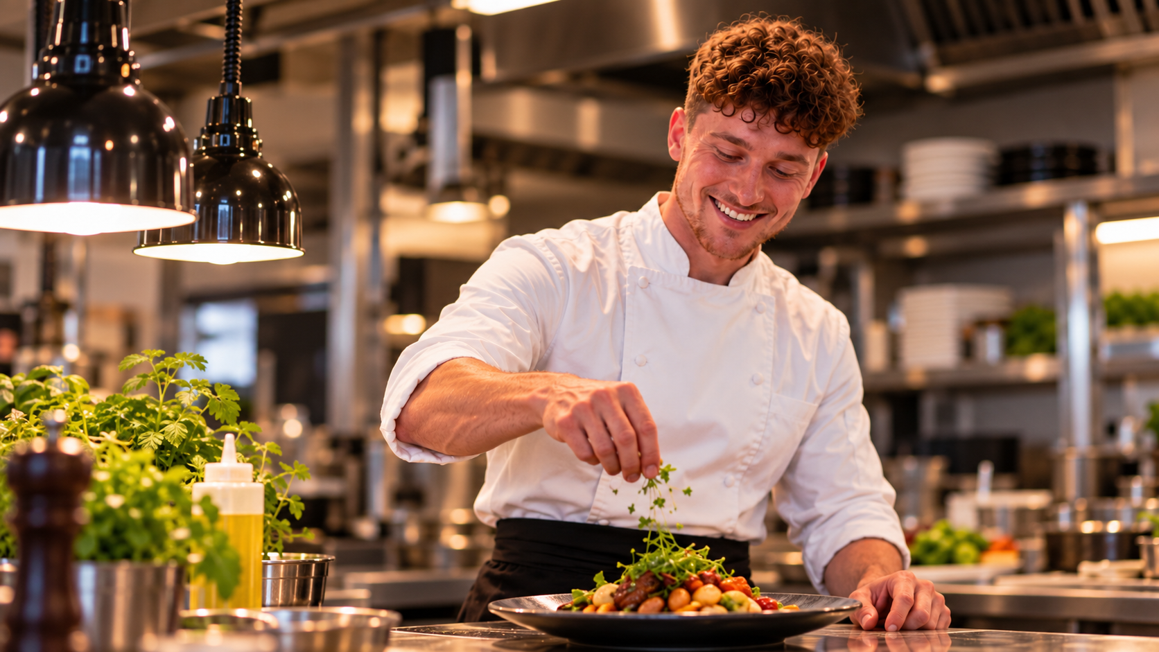 Bram Fränzel garneert een verfijnd gerecht in de professionele keuken